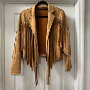 Western Cowboy Style Fringe  Moto Jacket Camel/Tan color Vegan size Large